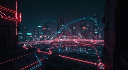 Futuristic city network at night.  Neon lines connect buildings in a complex pattern