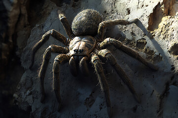 A close-up of a large spider resting on a rocky surface, showcasing its intricate details and natural habitat