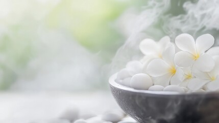 Leinwandbilder - Serene spa setting: white plumeria blossoms nestled in a gray stone bowl with smooth white stones, gentle steam rising, soft green background. : Generative AI