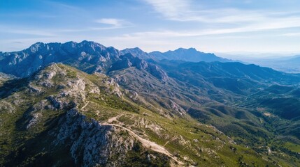 Aufkleber - Aerial view of a vast mountain range, showcasing rugged peaks, verdant slopes, and a clear blue sky.  The landscape stretches into the distance, revealing layers of hills and valleys. : Generative AI