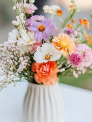 Poster - A vibrant bouquet of wildflowers in a white vase, featuring delicate pink, purple, orange, and white blossoms.  The arrangement is a cheerful mix of textures and colors, perfect for sp : Generative AI