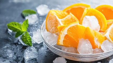 Poster - Refreshing orange slices nestled in ice cubes, garnished with fresh mint leaves, a vibrant summer image perfect for beverage or food advertisements. : Generative AI
