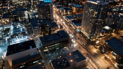Leinwandbilder - Aerial night view of a city street with illuminated buildings and traffic, showcasing urban density and vibrant nightlife. : Generative AI