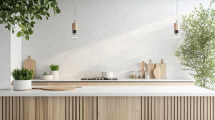 Aufkleber - Modern minimalist kitchen interior with light wood cabinets, white countertop, and greenery.  A clean, bright space with pendant lights and cooking essentials. : Generative AI