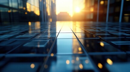 Poster - Reflective city tiles at sunset, showcasing modern architecture and urban landscape, with warm golden light reflecting on the smooth surface. : Generative AI