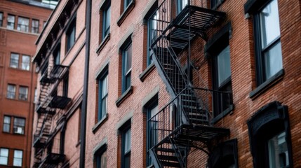 Fototapete - Exterior view of a classic brick building with a prominent fire escape, showcasing aged brickwork and dark-framed windows, a common sight in older urban neighborhoods. : Generative AI