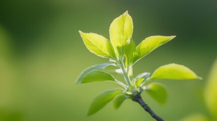 Poster - Vibrant young leaves emerge on a branch, bathed in soft sunlight, showcasing delicate spring growth against a blurred green background. : Generative AI