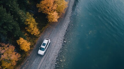Poster - White SUV parked on a gravel road next to a lake, surrounded by autumn trees. Aerial view showcasing the scenic beauty of fall foliage and tranquil water. : Generative AI