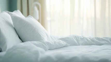 Aufkleber - Soft, white bedding neatly arranged on a bed, bathed in soft sunlight streaming through sheer curtains, creating a serene and peaceful atmosphere. : Generative AI
