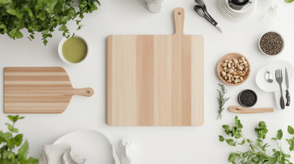 Poster - Overhead view of a minimalist kitchen scene featuring two wooden cutting boards, various spices, herbs, and kitchen utensils arranged on a white surface. : Generative AI