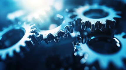 Aufkleber - Close-up of Interlocking Metallic Gears, Precision Engineering, Blue Tone, Industrial Machinery, Detailed Cogwheels, Seamless Mechanism, Technology Concept, High-Resolution Image. : Generative AI