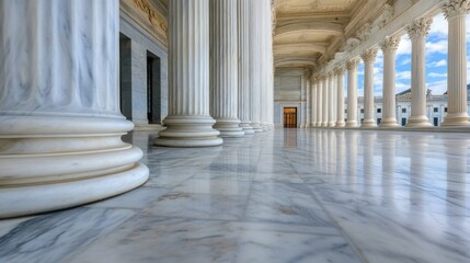 Poster - A long colonnade with gleaming marble floors and columns, leading to a classical building under a bright sky, showcasing architectural grandeur and symmetry. : Generative AI