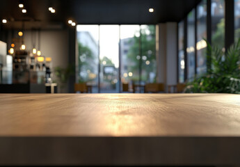 Aufkleber - Empty wooden table in a modern cafe with blurred city view, sunlight streaming through large windows, perfect for product placement or food display. : Generative AI