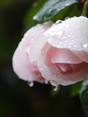 Aufkleber - Closeup of a pink rose blossom, glistening with dew drops after a gentle rain, showcasing delicate petals and vibrant color. : Generative AI
