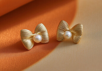 Aufkleber - Elegant gold bow earrings with pearls, resting on a luxurious orange and beige fabric backdrop.  Perfect for showcasing jewelry design and fashion photography. : Generative AI