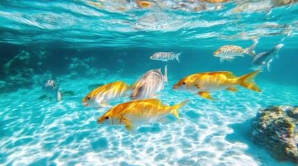 Poster - Vibrant yellow fish swim in a shallow, sunlit ocean, their scales shimmering amidst the turquoise water and sandy bottom.  A tranquil underwater scene. : Generative AI
