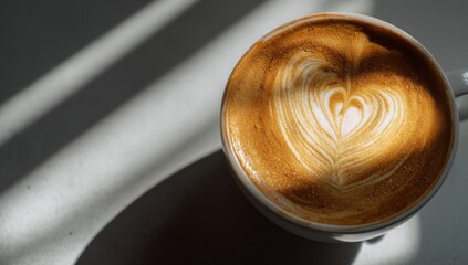 Aufkleber - Aromatic latte art in a white cup, illuminated by sunlight streaming through a window, creating dramatic shadows on a light surface. : Generative AI
