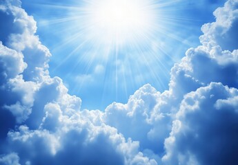 Aufkleber - Bright sunlight rays bursting through fluffy cumulus clouds in a vibrant blue sky, creating a heavenly, peaceful atmosphere. : Generative AI