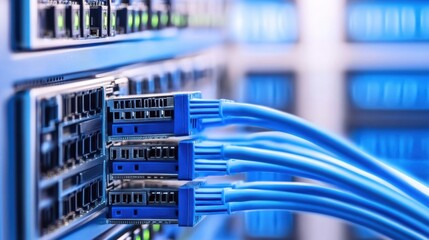 Poster - Close-up view of blue fiber optic cables connected to a network switch in a modern data center, showcasing technology and connectivity. : Generative AI