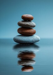 Poster - Serene Stack of Balanced Stones Reflecting in Calm Water, a Symbol of Tranquility and Zen. : Generative AI