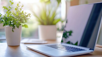 Poster - Modern laptop computer sits on a wooden desk next to potted plants, bathed in soft sunlight streaming through a nearby window. : Generative AI