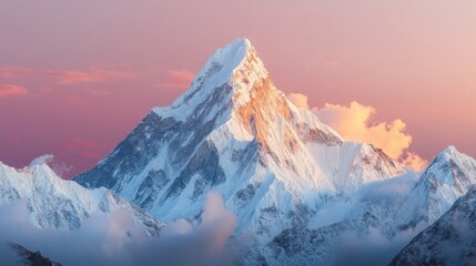 Aufkleber - Majestic snow-capped peak at sunset, bathed in soft pink and orange hues, with clouds swirling around its base, creating a serene and breathtaking alpine landscape. : Generative AI