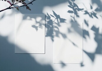 Aufkleber - Two blank white cards sit on a light blue textured surface, overlaid with delicate leaf shadows cast by a branch overhead, creating a serene and minimalist aesthetic. : Generative AI