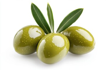 Aufkleber - Three glistening green olives with olive leaves, isolated on white background, perfect for culinary or healthy food concepts. : Generative AI
