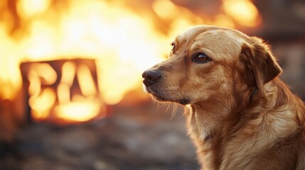 Aufkleber - A reddish-brown dog sits pensively, gazing away from the camera, with a blurred bonfire in the background, creating a warm, autumnal atmosphere. : Generative AI