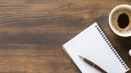 Poster - Blank notepad, pen, and cup of coffee on a dark brown wooden desk, overhead view.  Perfect for business, office, or work concepts. : Generative AI