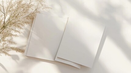 Poster - Two blank white cards arranged on a beige surface, with dried beige flowers and soft sunlight shadows creating a minimalist, elegant scene. : Generative AI