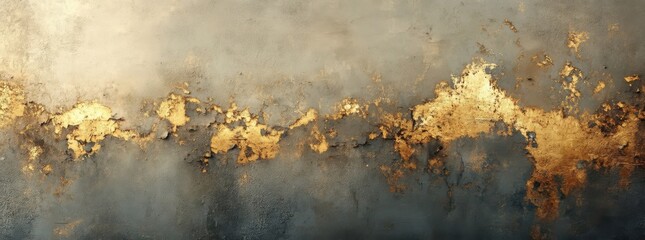 Aufkleber - Abstract gold and grey textured wall with distressed paint, showing a horizontal band of metallic gold leaf, ideal for backgrounds or design projects. : Generative AI