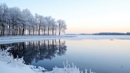 Poster - Serene winter landscape: snow-covered trees reflected in a frozen lake at sunrise, creating a peaceful and tranquil atmosphere. : Generative AI