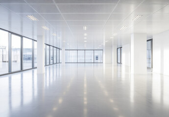 Poster - Spacious, modern, empty office space with large windows and bright lighting, ideal for showcasing business concepts or architectural designs. : Generative AI
