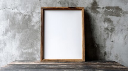 Fototapete - Empty rustic wooden frame on dark wooden table against a textured grey concrete wall, offering a minimalist and versatile design element for various projects. : Generative AI