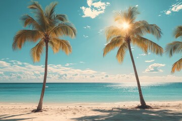 Leinwandbilder - Two majestic palm trees stand tall on a pristine beach, bathed in the warm glow of a tropical sun, overlooking a tranquil turquoise ocean. : Generative AI