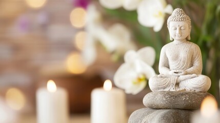 Leinwandbilder - Serene Buddha statue meditates peacefully atop grey stones, surrounded by soft candlelight and delicate white orchids, creating a tranquil atmosphere. : Generative AI