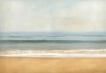 Poster - Serene coastal scene: Calm ocean waves gently lapping a sandy beach under a tranquil, pale sky. : Generative AI
