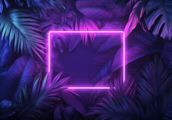 Aufkleber - Vibrant neon pink square frame set against a backdrop of lush, dark purple and blue tropical leaves, creating a striking contrast and modern aesthetic. : Generative AI
