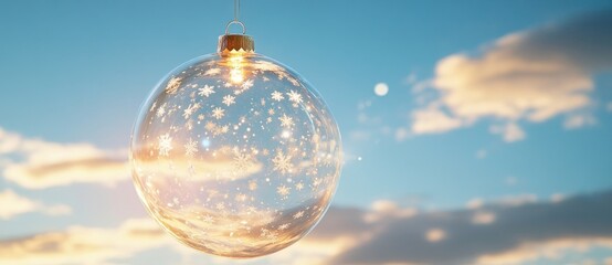 Poster - A glass christmas ornament with snowflake pattern hangs against a soft, pastel sunset sky, creating a serene and festive winter scene. : Generative AI