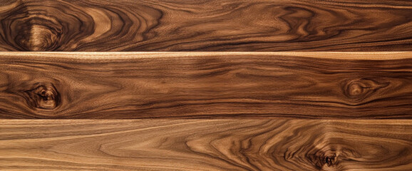 Poster - High-resolution image showcasing the rich, dark brown hues and intricate grain patterns of three horizontal planks of walnut wood, ideal for texture backgrounds or furniture design. : Generative AI
