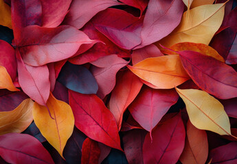 Poster - A vibrant collection of autumn leaves in rich red, orange, and burgundy hues, showcasing intricate vein details and a textured surface. : Generative AI