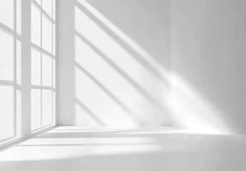 Poster - Sunlight streams through a large window in a minimalist white room, casting dramatic shadows on the walls and floor, creating a bright and airy atmosphere. : Generative AI