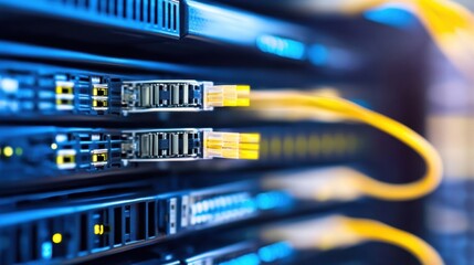 Poster - Close-up view of fiber optic cables connected to a server rack, showcasing the intricate details of data transfer technology. : Generative AI