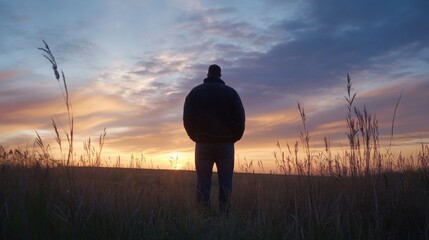 Fototapete - Silhouette of a man standing in tall grass, watching a vibrant sunset over a field.  The sky displays a beautiful array of orange, pink, and purple hues. : Generative AI