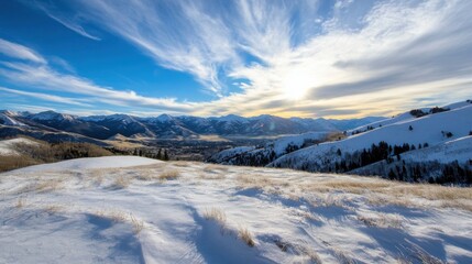 Poster - Majestic winter mountain range panorama at sunset, showcasing snow-covered hills, a valley, and a vibrant sky with fluffy clouds. : Generative AI