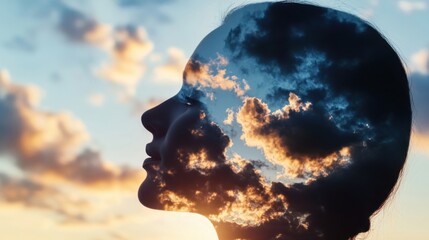 Poster - Silhouette of a woman's face, overlaid with a sunset sky filled with clouds, evokes feelings of peace and freedom. : Generative AI
