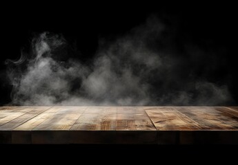 Aufkleber - Empty rustic wooden table with atmospheric smoke and dark background, ideal for product placement or food photography. : Generative AI