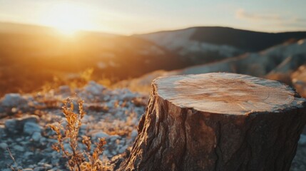Leinwandbilder - Sunset illuminates a tree stump atop a rocky mountain peak, offering a serene and peaceful view of the golden hour landscape. : Generative AI