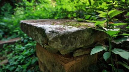 Aufkleber - Moss-covered stone slab rests atop a weathered brick wall, nestled within a lush green garden setting.  Sunlight filters through the dense foliage, creating a tranquil, natural scene. : Generative AI